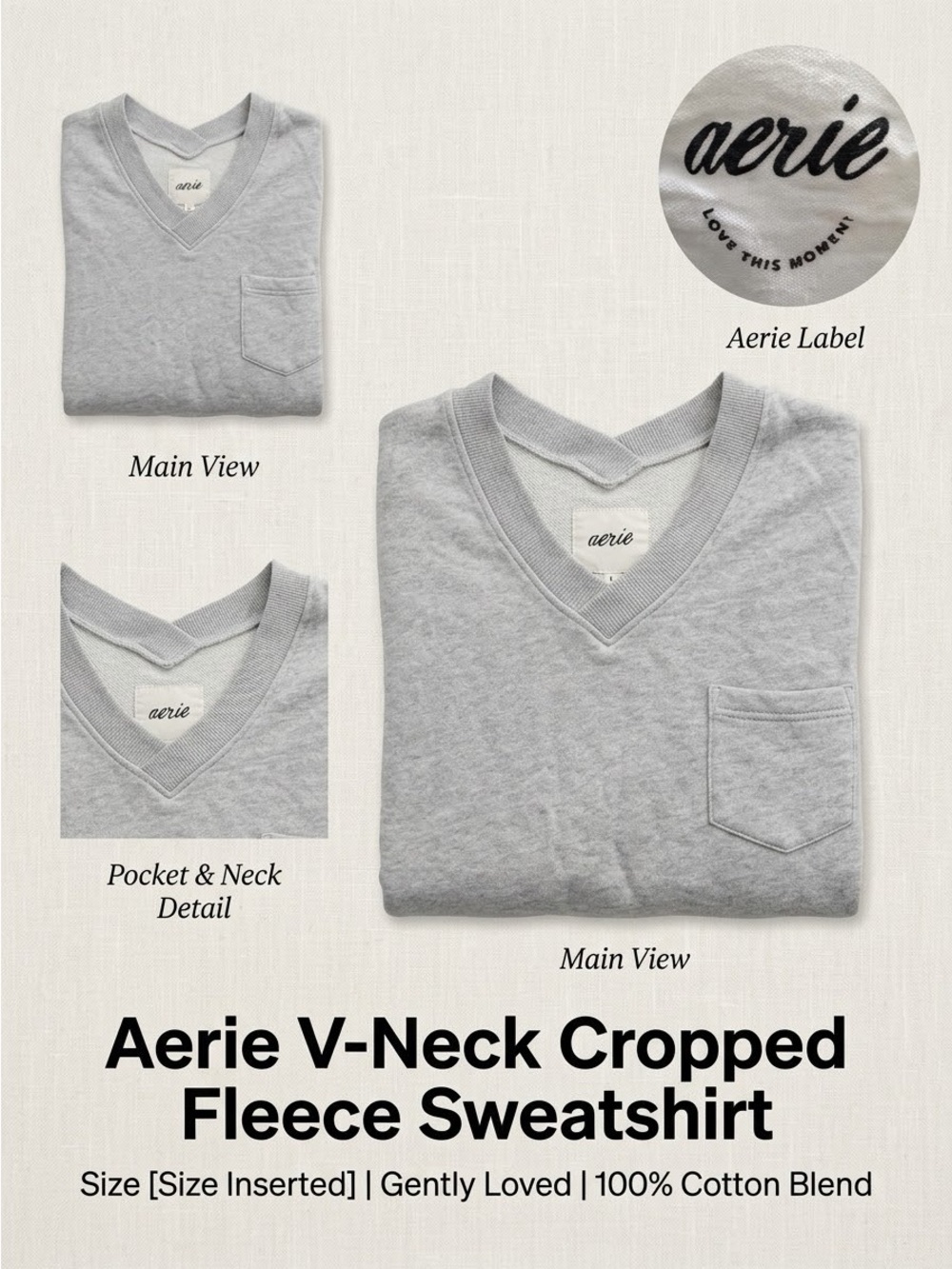 aerie Light Gray V-Neck Cropped Fleece Sweatshirt